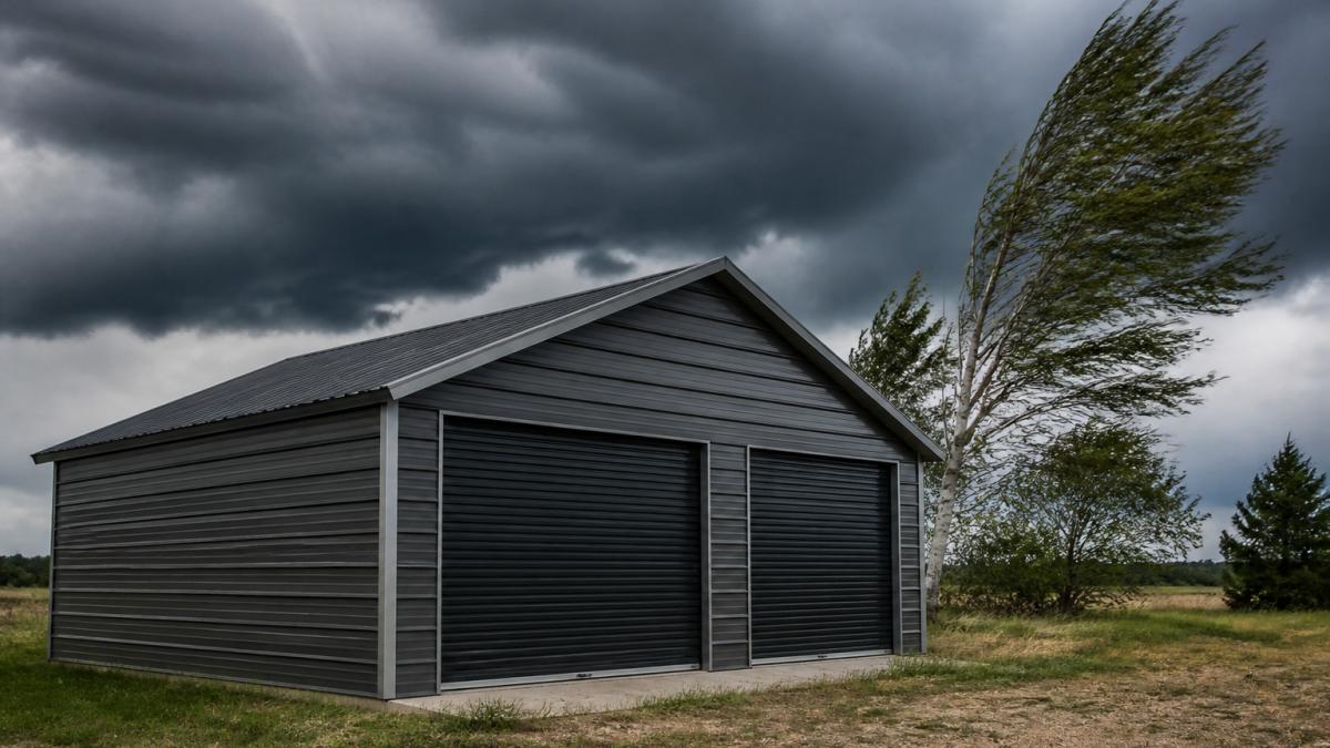 A sturdy steel garage standing strong in a rural landscape under a dramatic stormy sky, with wind-blown trees in the background, showing the structure's resilience