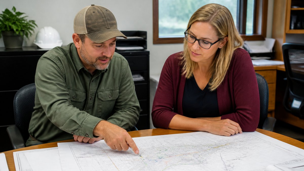 A property owner and a county planner reviewing a site plan drawing on a desk in a small municipal office, with a laptop and marked-up plat map visible