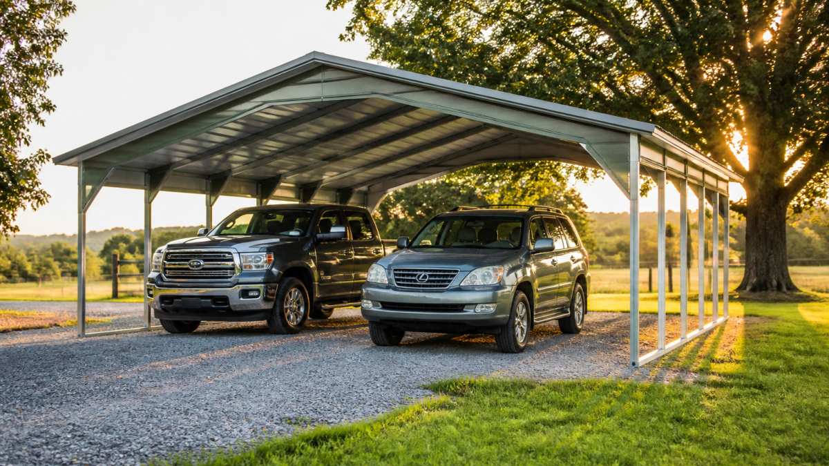 Two cars parked under a two-vehicle steel carport kit on a gravel driveway in a rural setting at sunset.
