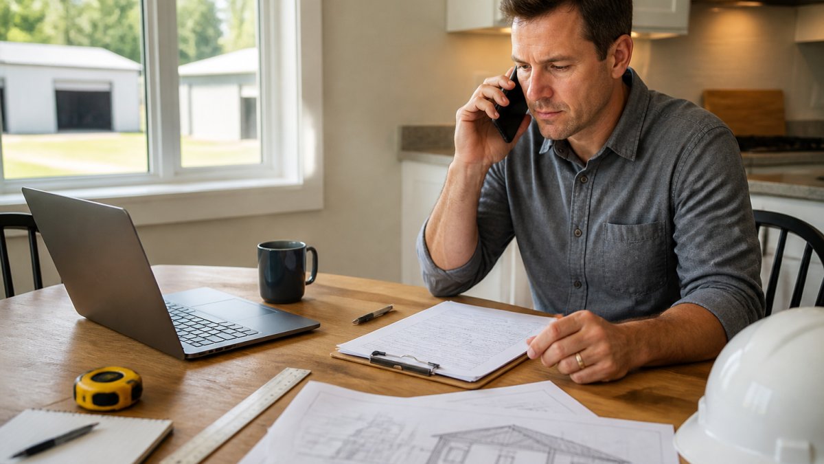 A homeowner at a kitchen table reviewing building plans and a checklist on a laptop, with a phone in hand calling the local building department, natural light coming through a window