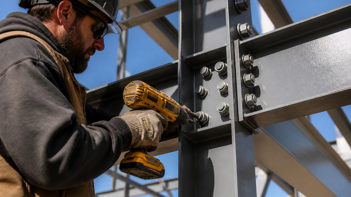 Close-up of a construction worker in safety gear bolting together thick steel framing on a metal building under a clear sky, showing the heavy-duty connections and solid frame