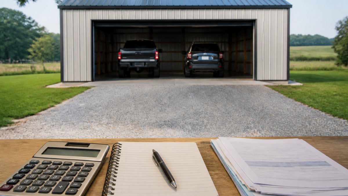 Two-car steel garage with a truck and SUV parked inside, illustrating the total steel garage cost.