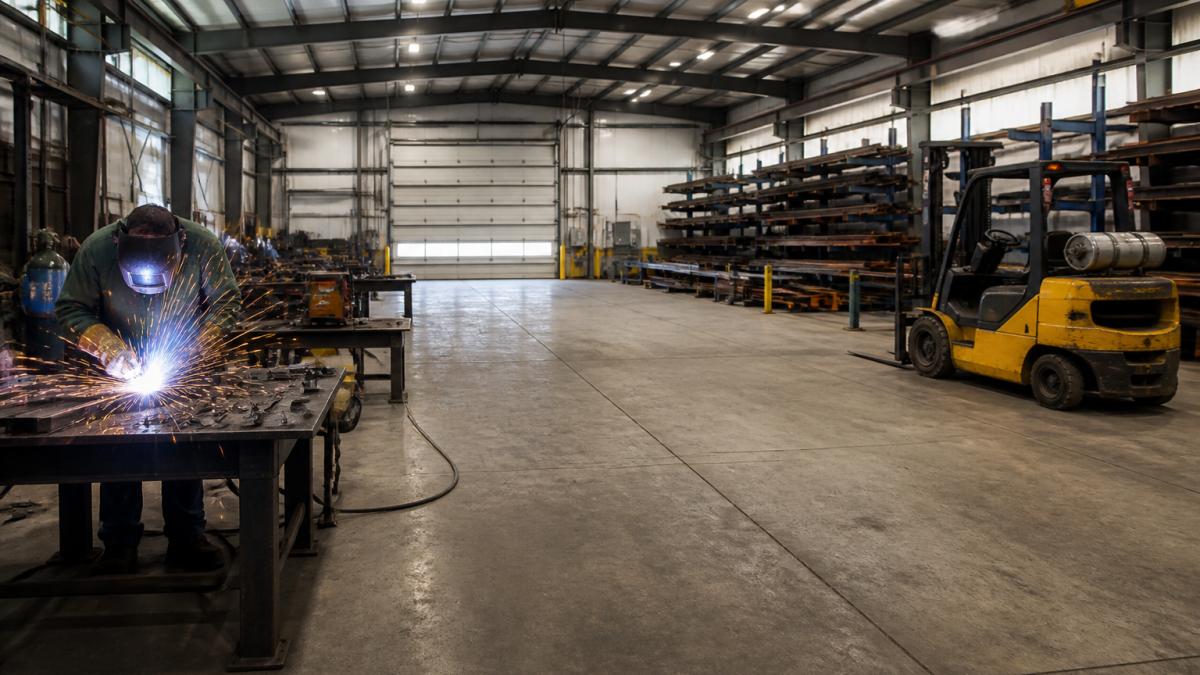 Diagram of an efficient steel workshop layout featuring dedicated welding, storage, and material transport zones.