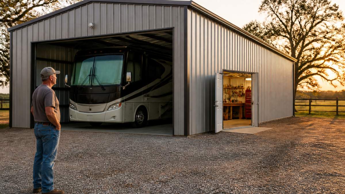 Homeowner standing by a steel garage layout featuring an RV bay and workshop during sunset