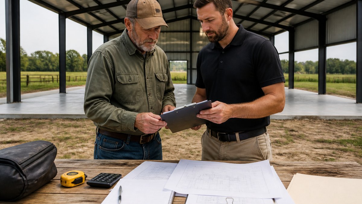 A rural property owner and a contractor standing in front of a freshly erected steel building shell, reviewing a printed budget sheet on a clipboard, with a concrete slab and open framing visible behind them
