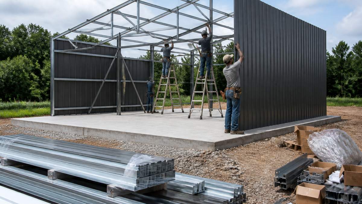 Professional installation crew assembling metal shed frame on concrete foundation, securing corrugated steel panels and roof structure in daylight with multiple workers using tools
