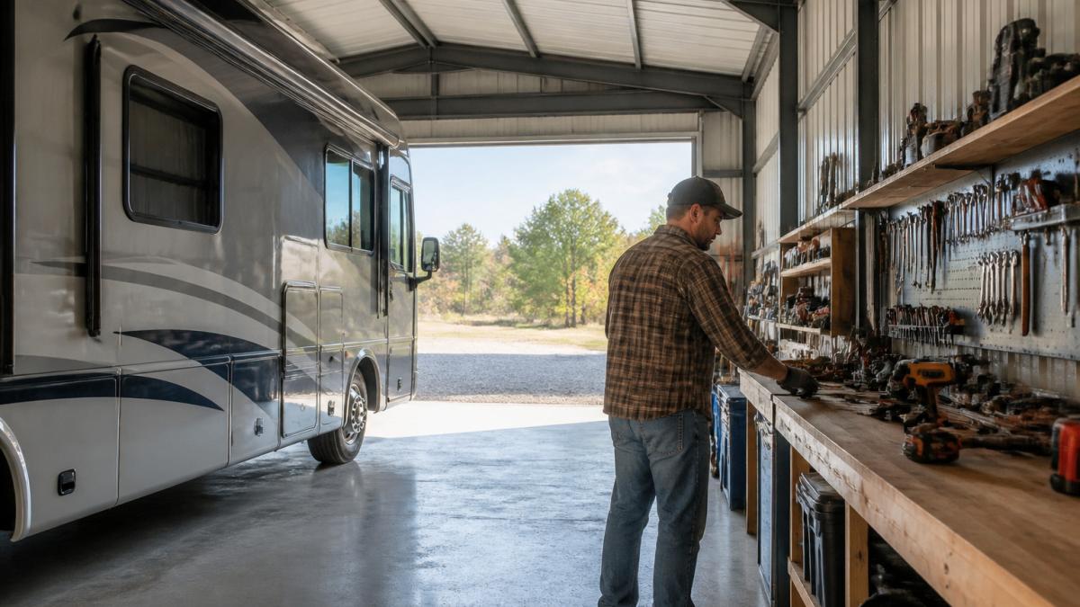 Homeowner working in a steel detached garage with RV garage plans in action near a workbench and tool wall.
