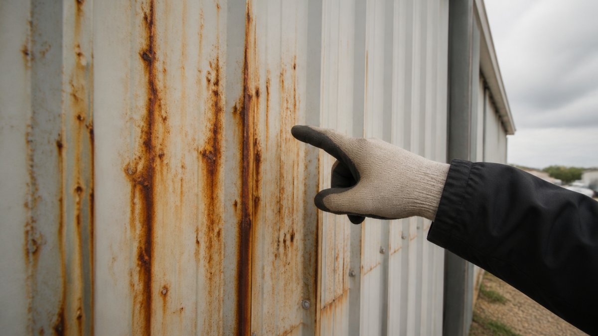 Gloved hand pointing at orange oxidation streaks on a metal panel to prevent rust damage