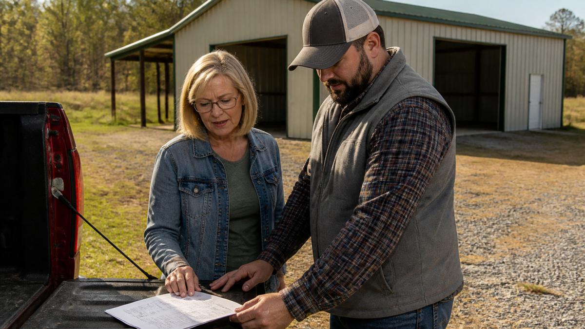 Homeowner and licensed and insured building contractors reviewing an insurance certificate by a truck