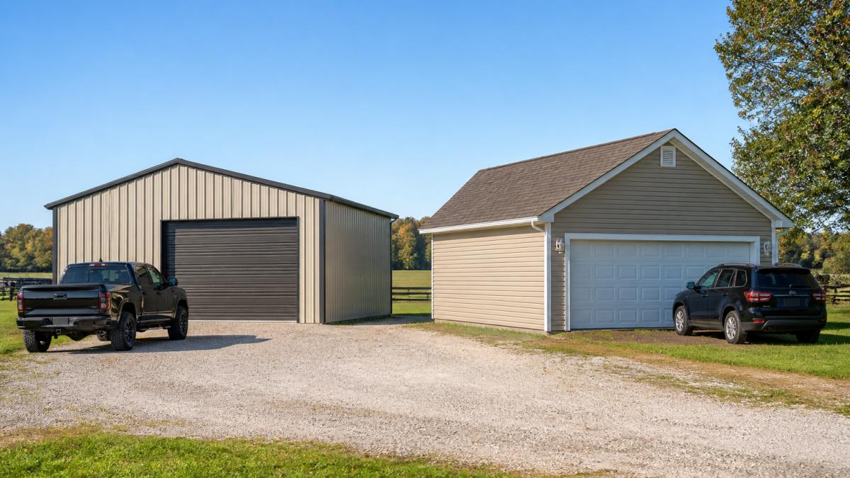 Side-by-side view of a modern steel garage and a traditional wood-frame garage on rural properties.
