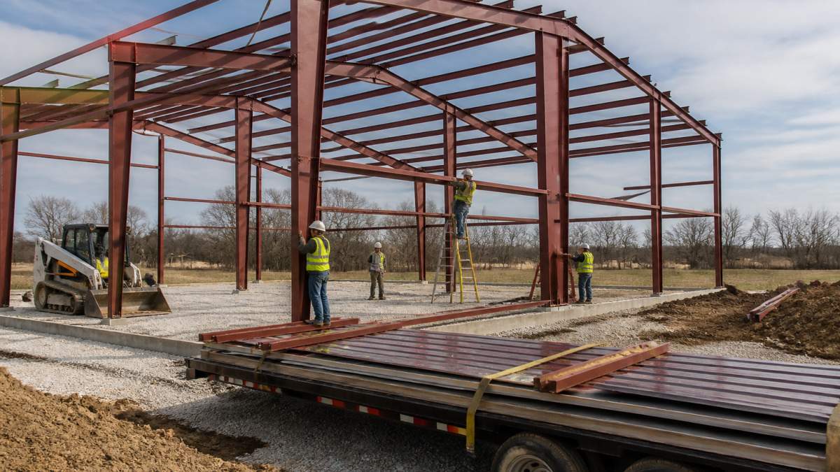 Licensed crew assembling red iron framing for a steel barn on a rural Illinois property