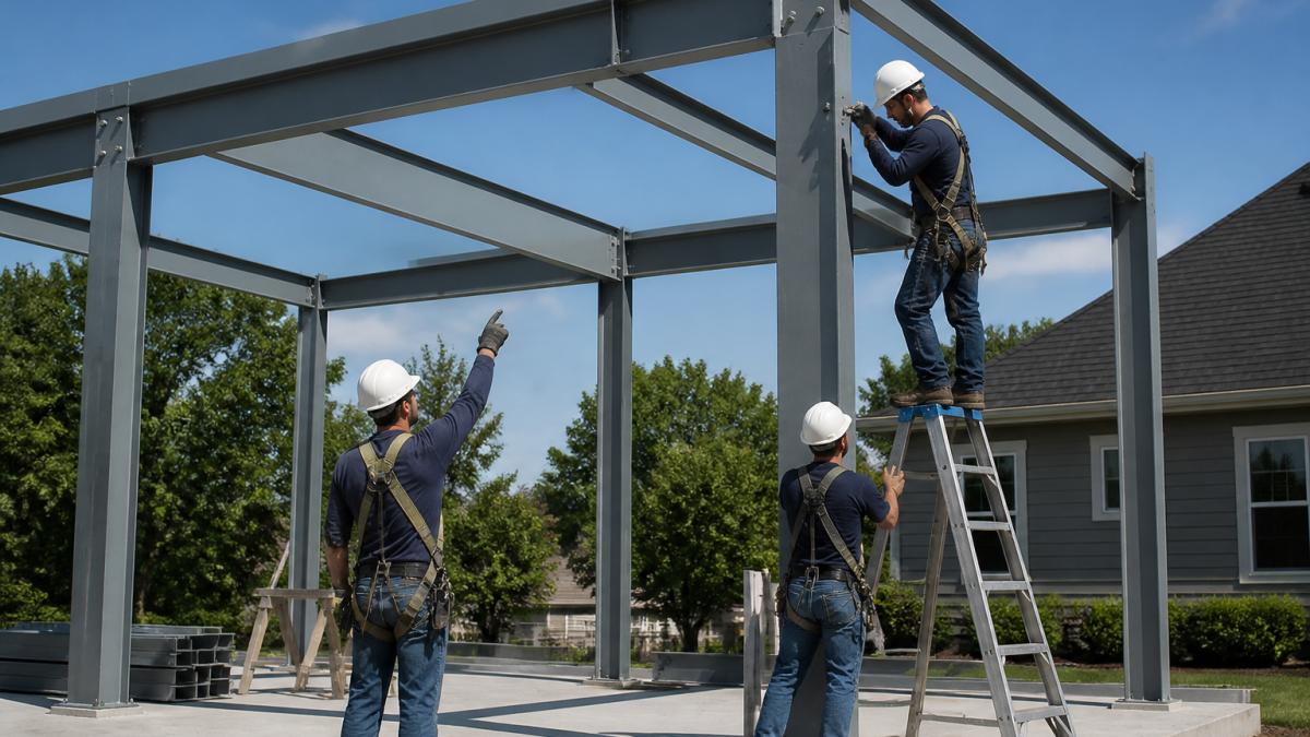 Factory-trained crew working on a steel building installation by securing frame connections with safety gear.