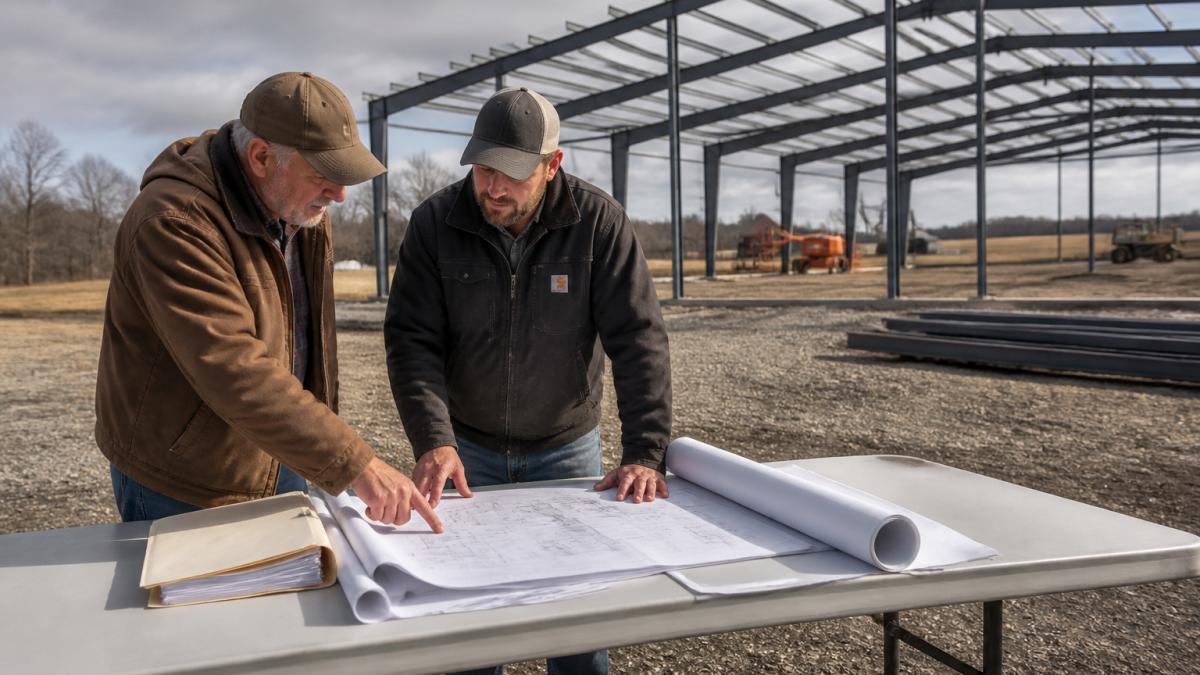 A property owner and a builder reviewing rolled construction plans and permit paperwork across a folding table at a rural building site, with a partially erected steel frame visible in the background