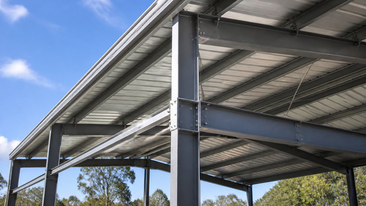 Newly installed steel building frame showing visible structural connections and metal roof panels in daylight, demonstrating quality construction and materials