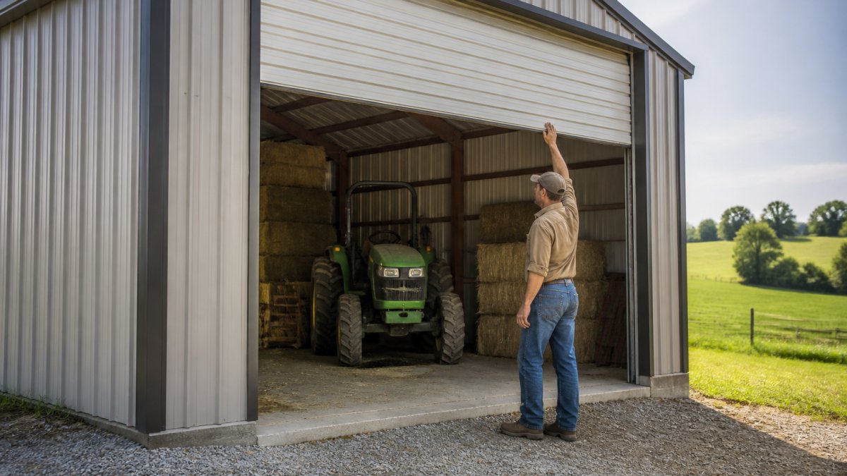 A farmer in work clothes opening the wide roll-up door of a steel farm building, with a tractor and stacked hay bales visible inside and green fields behind